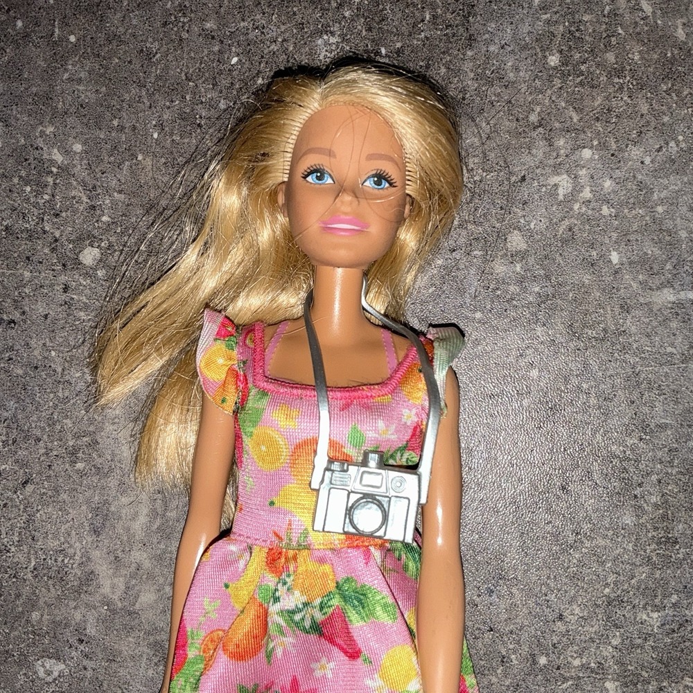 Mattel Barbie Blonde Hair Blue Eyes Pink Fruit Dress Camera Pineapple Lemon